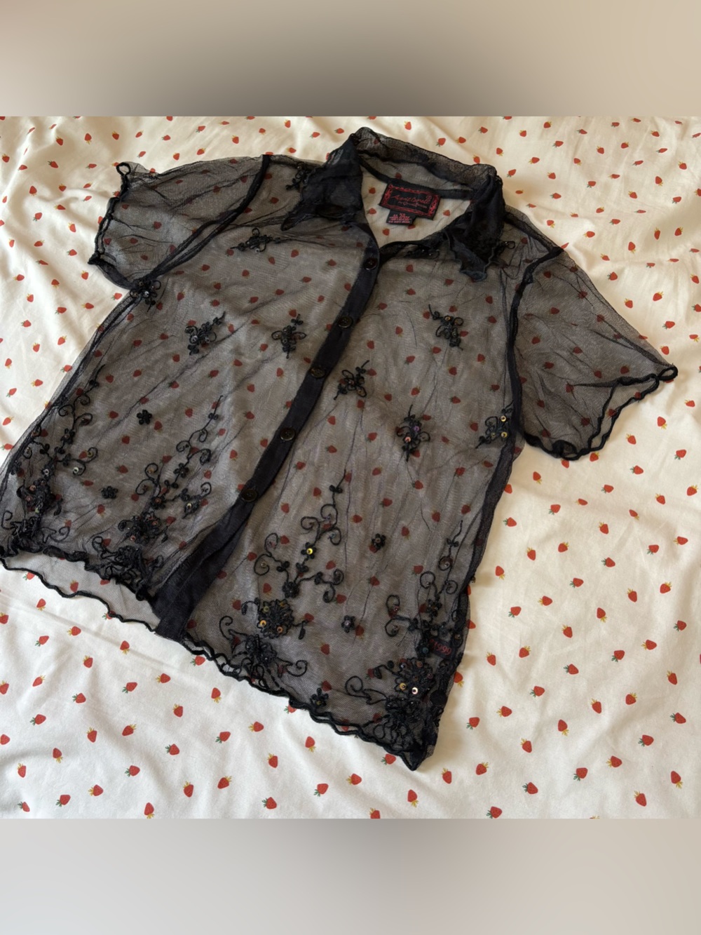April Cornell Black Sheer Embroidered Button-Front Mesh Top W/X Small